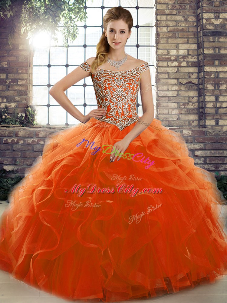 Low Price Off The Shoulder Sleeveless Brush Train Lace Up Ball Gown Prom Dress Orange Red Tulle