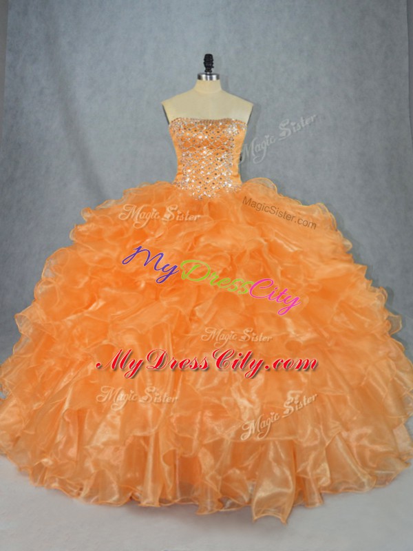 Vintage Orange Sleeveless Floor Length Beading and Ruffles Lace Up Quinceanera Dress