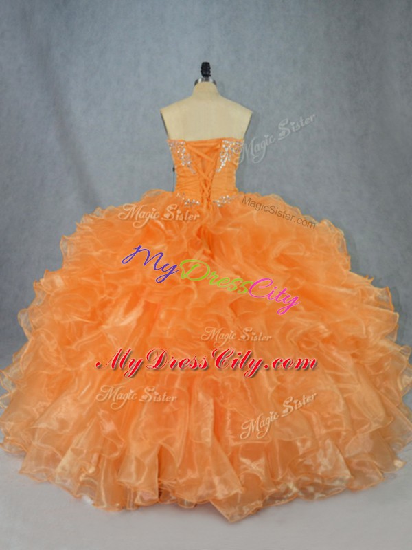 Vintage Orange Sleeveless Floor Length Beading and Ruffles Lace Up Quinceanera Dress