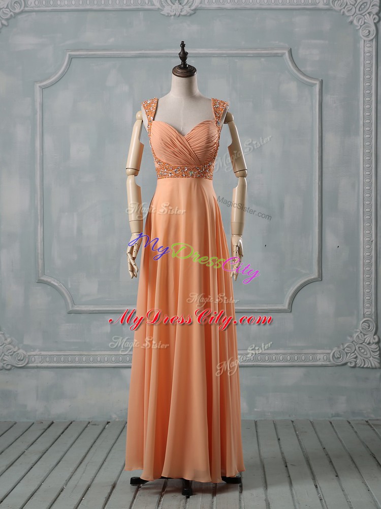 Floor Length Orange Party Dress for Girls Chiffon Sleeveless Beading and Ruching