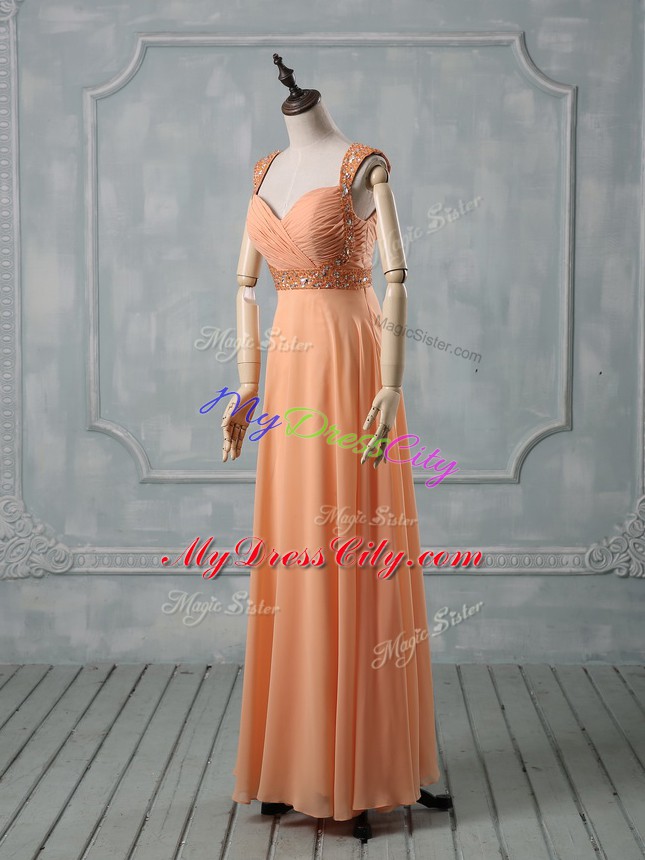 Floor Length Orange Party Dress for Girls Chiffon Sleeveless Beading and Ruching