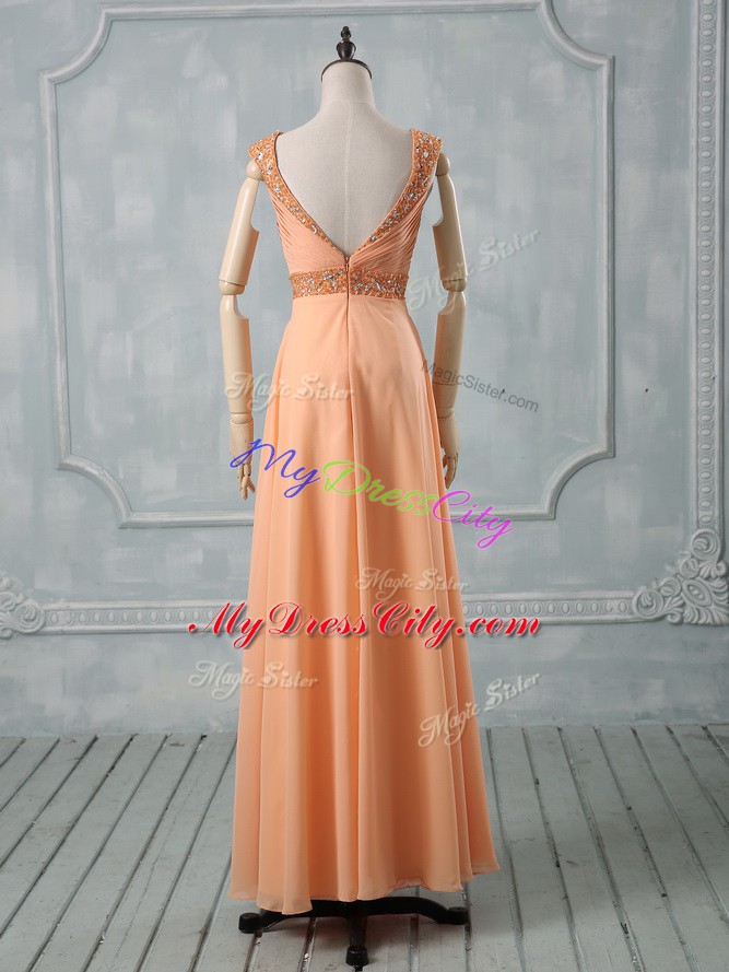 Floor Length Orange Party Dress for Girls Chiffon Sleeveless Beading and Ruching