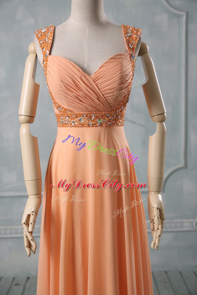 Floor Length Orange Party Dress for Girls Chiffon Sleeveless Beading and Ruching