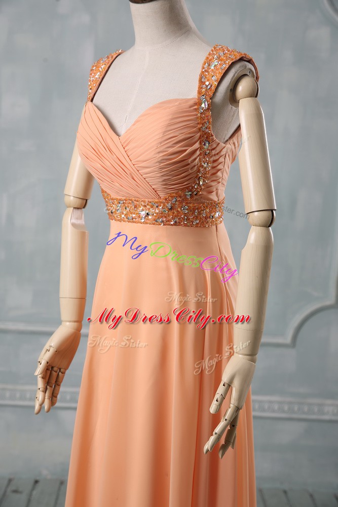 Floor Length Orange Party Dress for Girls Chiffon Sleeveless Beading and Ruching