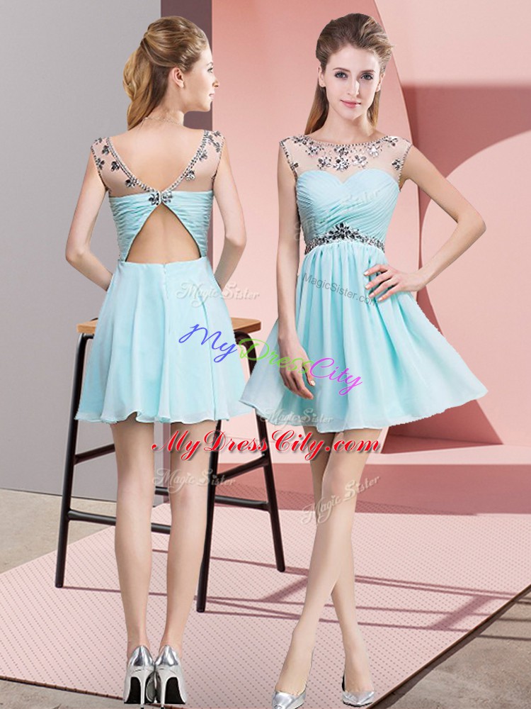 High Class Light Blue Sleeveless Beading and Ruching Mini Length Dress for Prom