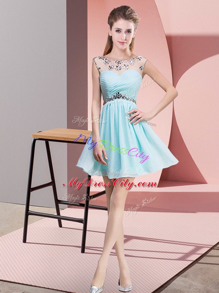 High Class Light Blue Sleeveless Beading and Ruching Mini Length Dress for Prom