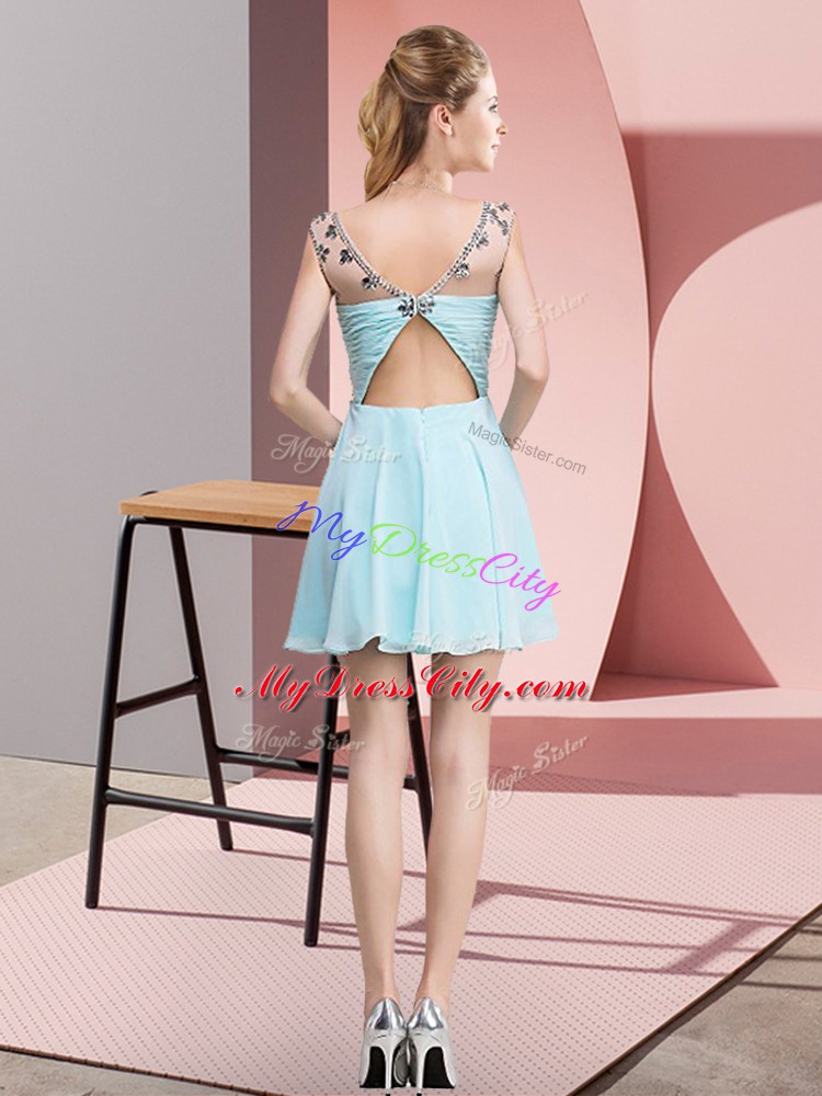 High Class Light Blue Sleeveless Beading and Ruching Mini Length Dress for Prom