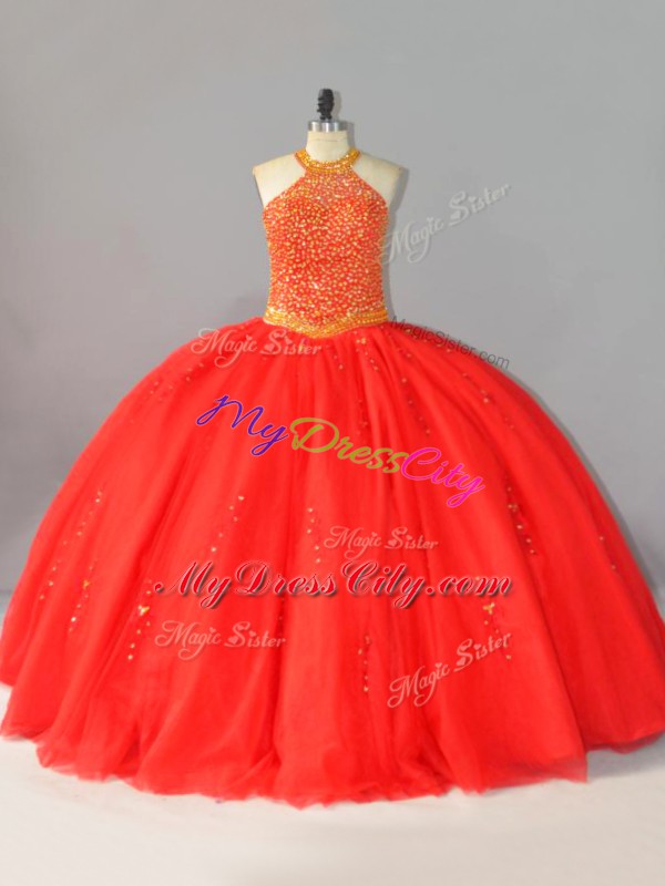 Tulle Halter Top Sleeveless Lace Up Beading Vestidos de Quinceanera in Coral Red