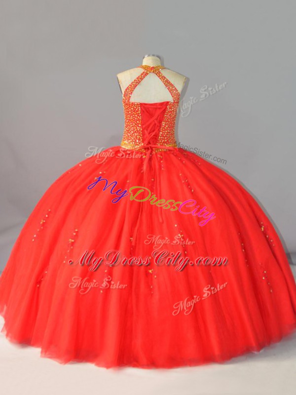 Tulle Halter Top Sleeveless Lace Up Beading Vestidos de Quinceanera in Coral Red