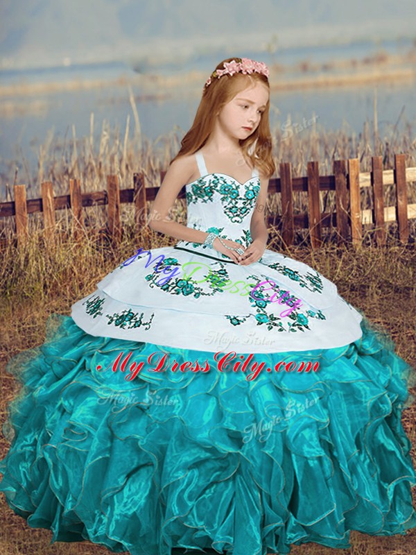 Organza Straps Sleeveless Lace Up Embroidery and Ruffles Girls Pageant Dresses in Aqua Blue