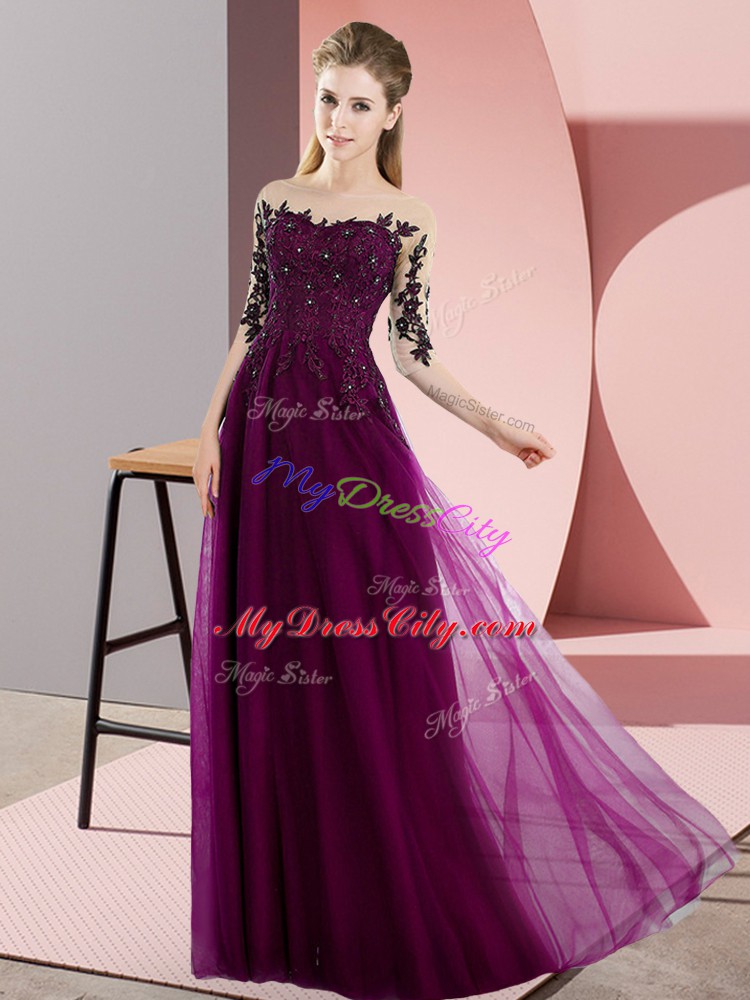 Fuchsia Lace Up Bridesmaid Dress Beading and Lace Half Sleeves Floor Length