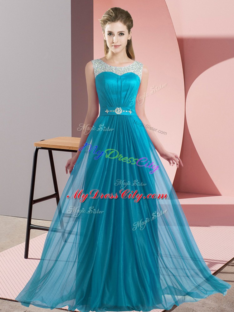 Sleeveless Floor Length Beading Lace Up Quinceanera Court Dresses with Teal