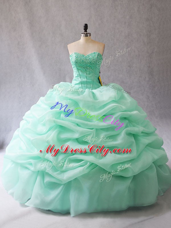 Hot Sale Apple Green Ball Gowns Beading and Pick Ups Quinceanera Gowns Lace Up Organza Sleeveless Floor Length