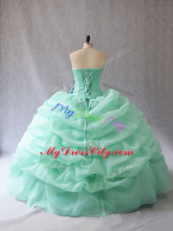 Hot Sale Apple Green Ball Gowns Beading and Pick Ups Quinceanera Gowns Lace Up Organza Sleeveless Floor Length