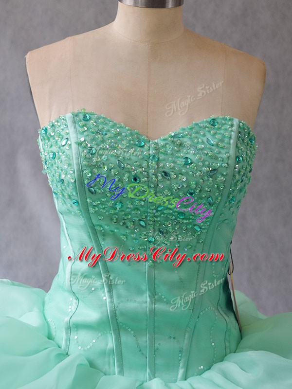 Hot Sale Apple Green Ball Gowns Beading and Pick Ups Quinceanera Gowns Lace Up Organza Sleeveless Floor Length