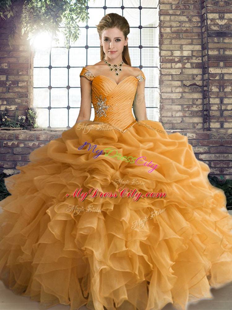 Captivating Sleeveless Organza Floor Length Lace Up Quinceanera Gown in Orange with Beading and Ruffles and Pick Ups