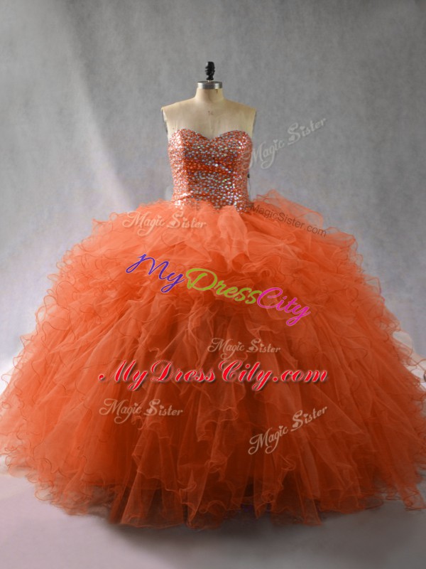 Orange Red Sleeveless Tulle Lace Up Quinceanera Dresses for Sweet 16 and Quinceanera