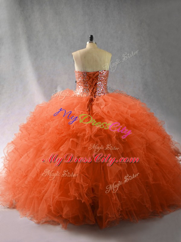 Orange Red Sleeveless Tulle Lace Up Quinceanera Dresses for Sweet 16 and Quinceanera