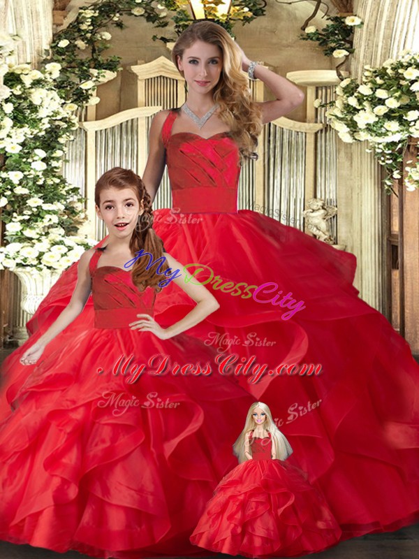 Floor Length Lace Up Ball Gown Prom Dress Red for Military Ball and Sweet 16 and Quinceanera with Ruffles