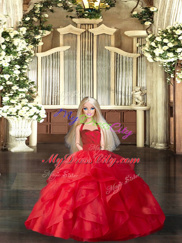 Floor Length Lace Up Ball Gown Prom Dress Red for Military Ball and Sweet 16 and Quinceanera with Ruffles