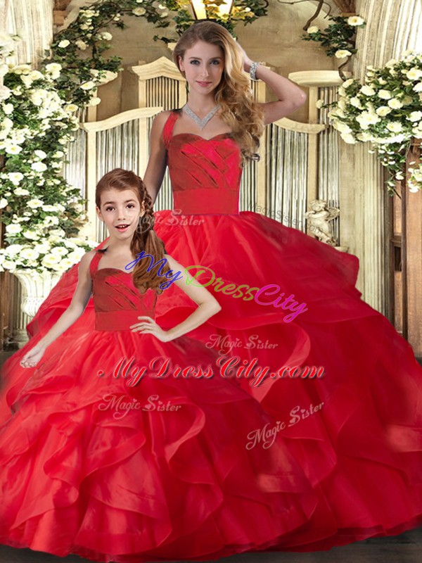 Floor Length Lace Up Ball Gown Prom Dress Red for Military Ball and Sweet 16 and Quinceanera with Ruffles