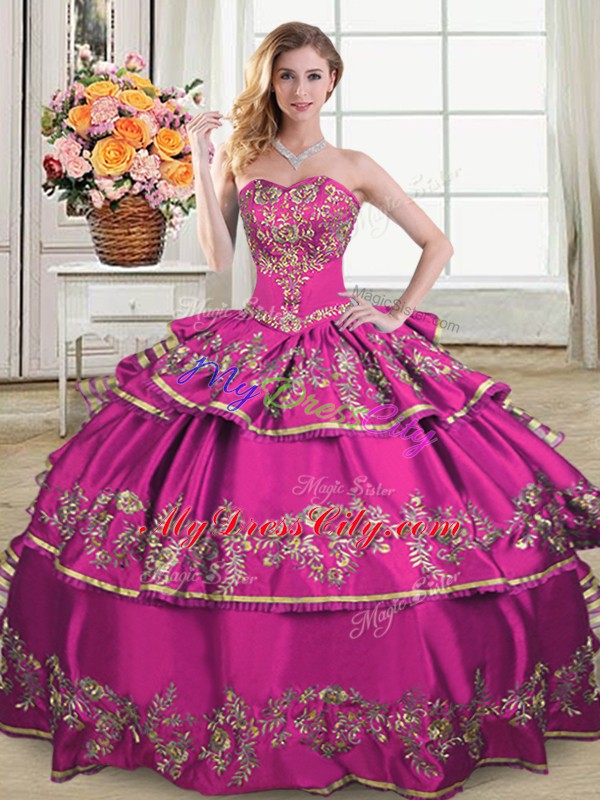 Beautiful Fuchsia Ball Gowns Satin and Organza Sweetheart Sleeveless Embroidery and Ruffled Layers Floor Length Lace Up Quinceanera Gowns