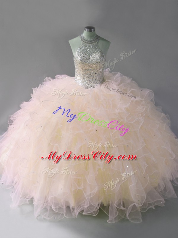 Custom Made Halter Top Sleeveless Lace Up Sweet 16 Quinceanera Dress Pink Tulle