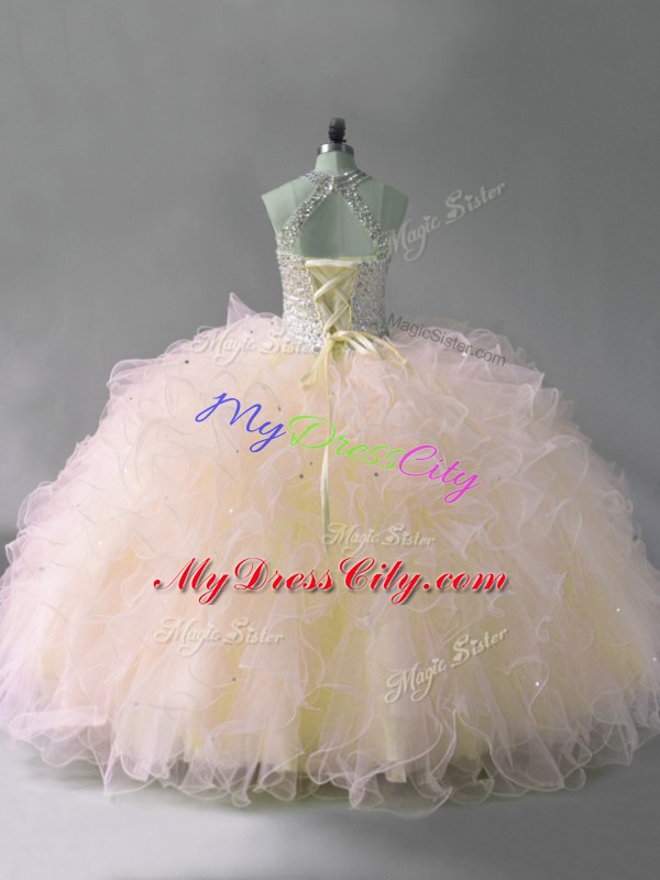 Custom Made Halter Top Sleeveless Lace Up Sweet 16 Quinceanera Dress Pink Tulle