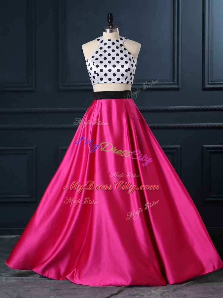 Fancy Hot Pink Two Pieces Ruching Custom Made Lace Up Satin Sleeveless Floor Length