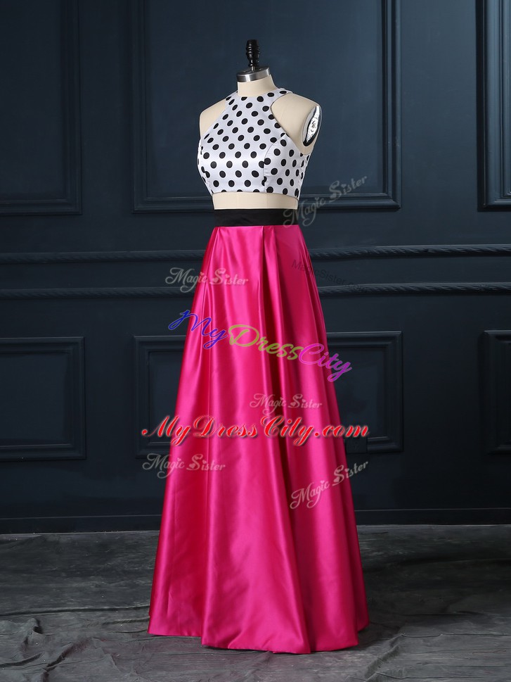 Fancy Hot Pink Two Pieces Ruching Custom Made Lace Up Satin Sleeveless Floor Length