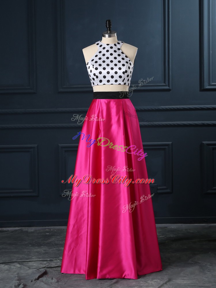 Fancy Hot Pink Two Pieces Ruching Custom Made Lace Up Satin Sleeveless Floor Length