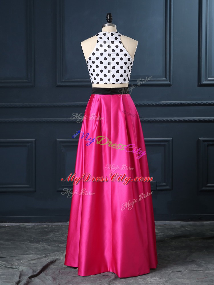 Fancy Hot Pink Two Pieces Ruching Custom Made Lace Up Satin Sleeveless Floor Length