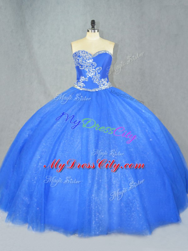 Blue Sweetheart Lace Up Beading Quinceanera Dress Sleeveless