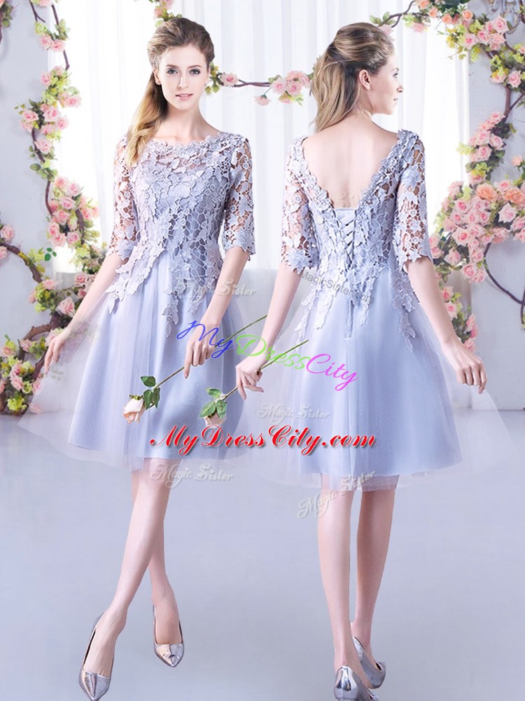 Grey A-line Tulle High-neck Half Sleeves Lace Mini Length Lace Up Wedding Party Dress