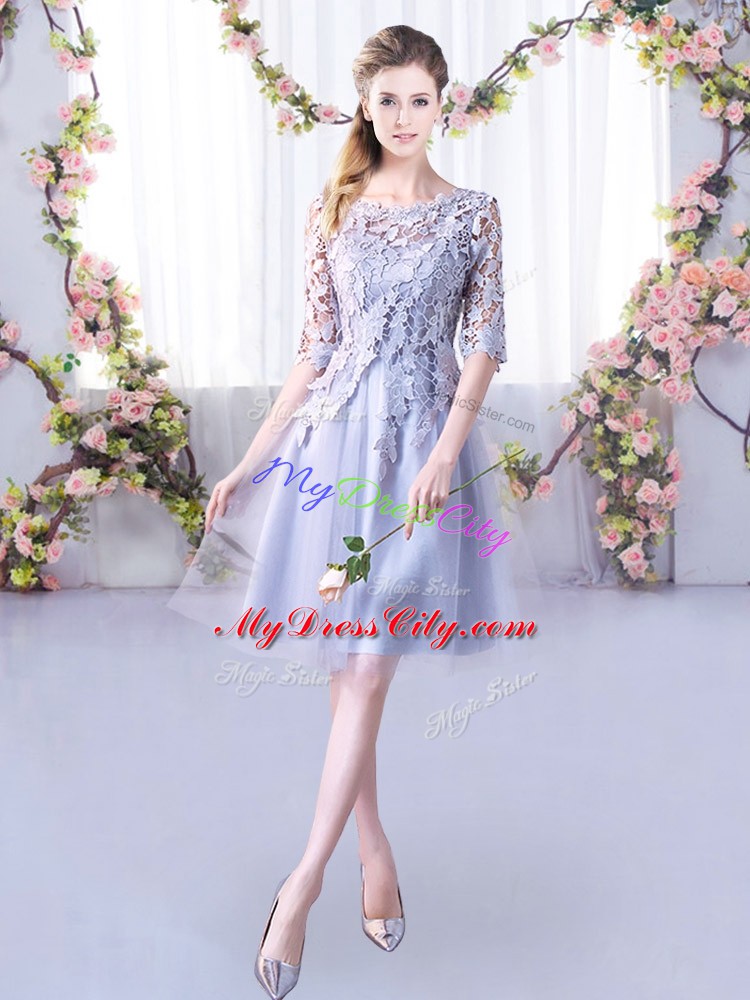 Grey A-line Tulle High-neck Half Sleeves Lace Mini Length Lace Up Wedding Party Dress