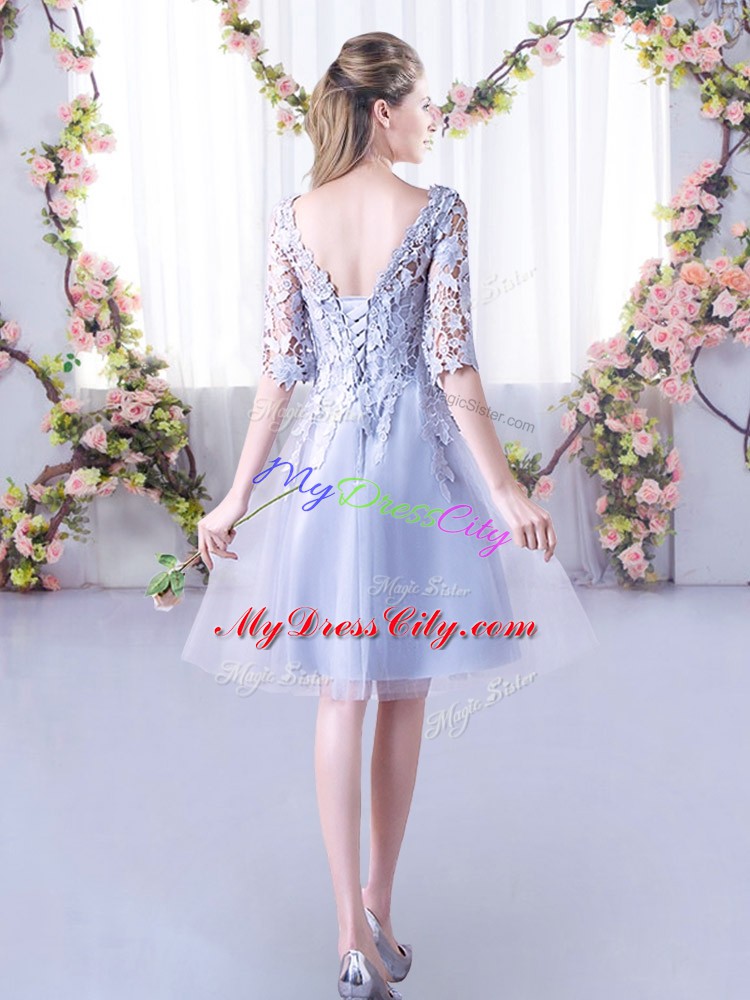 Grey A-line Tulle High-neck Half Sleeves Lace Mini Length Lace Up Wedding Party Dress