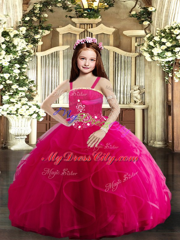 Hot Pink Ball Gowns Straps Sleeveless Tulle Floor Length Lace Up Beading and Ruffles Child Pageant Dress