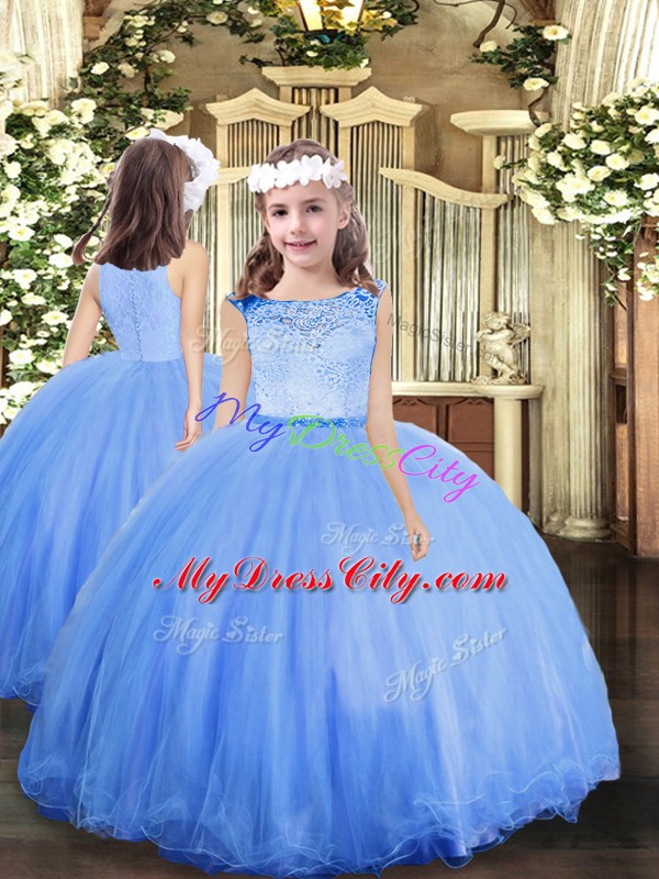 Hot Sale Blue Ball Gowns Lace Pageant Dresses Zipper Tulle Sleeveless Floor Length