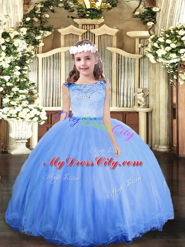 Hot Sale Blue Ball Gowns Lace Pageant Dresses Zipper Tulle Sleeveless Floor Length