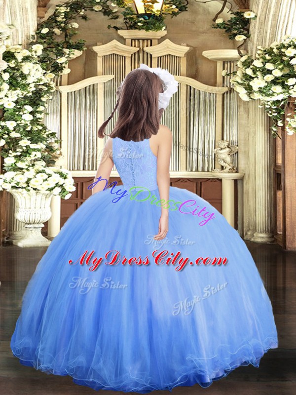 Hot Sale Blue Ball Gowns Lace Pageant Dresses Zipper Tulle Sleeveless Floor Length