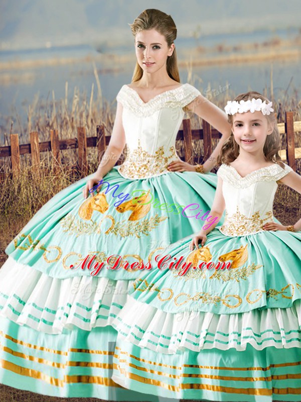 Floor Length Apple Green Quinceanera Gown Satin Sleeveless Embroidery and Ruffled Layers