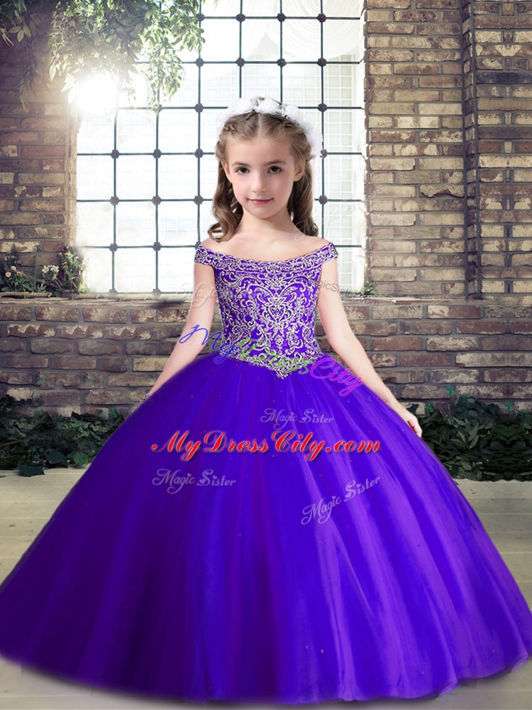 Purple Little Girls Pageant Gowns Party and Wedding Party with Beading Off The Shoulder Sleeveless Lace Up