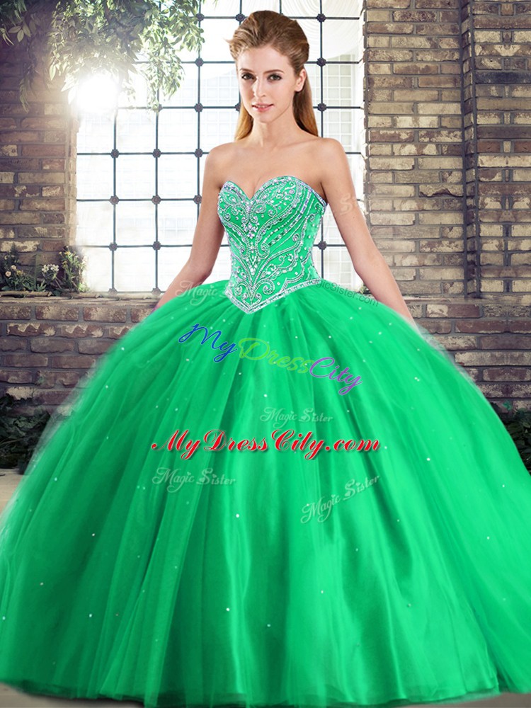 Green Tulle Lace Up 15th Birthday Dress Sleeveless Brush Train Beading