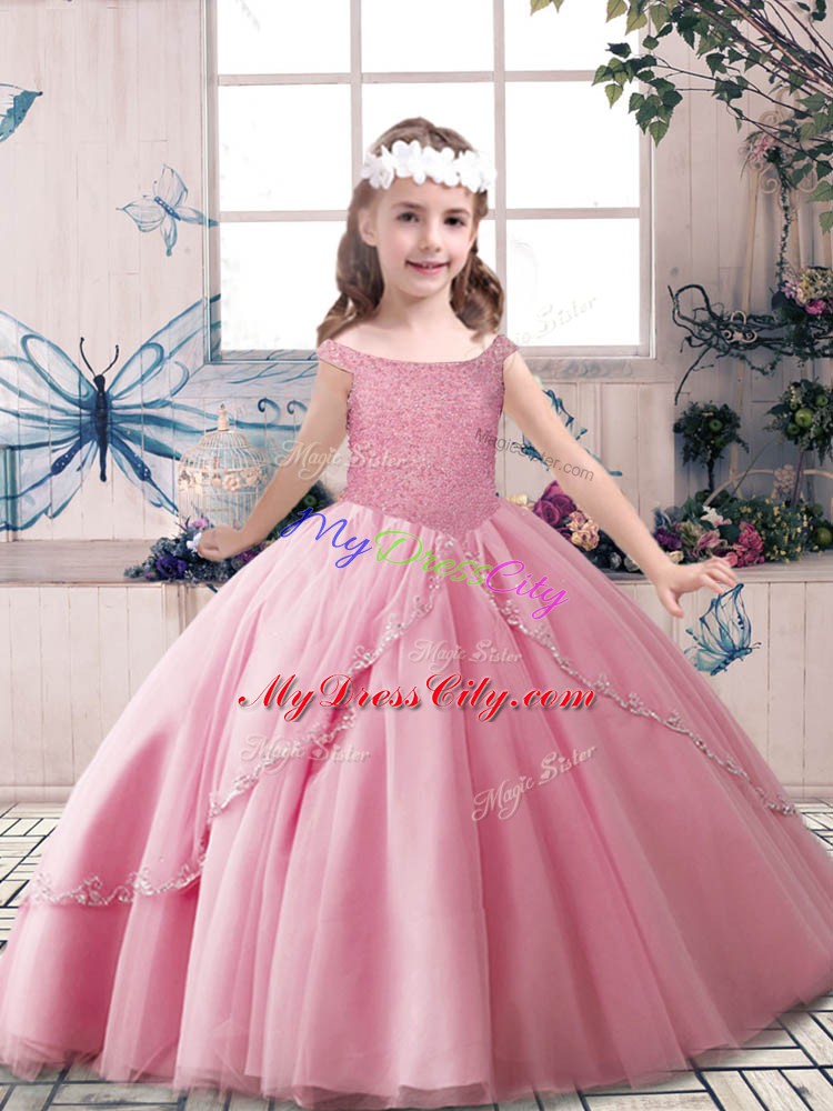 Best Off The Shoulder Sleeveless Custom Made Pageant Dress Floor Length Beading Rose Pink Tulle