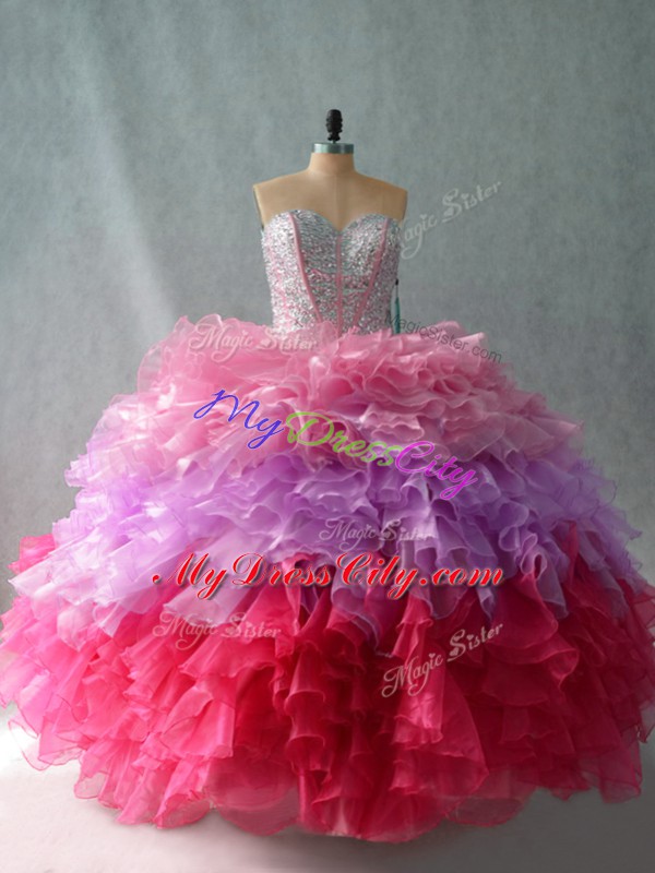 Multi-color Lace Up Vestidos de Quinceanera Beading and Ruffles Sleeveless Floor Length