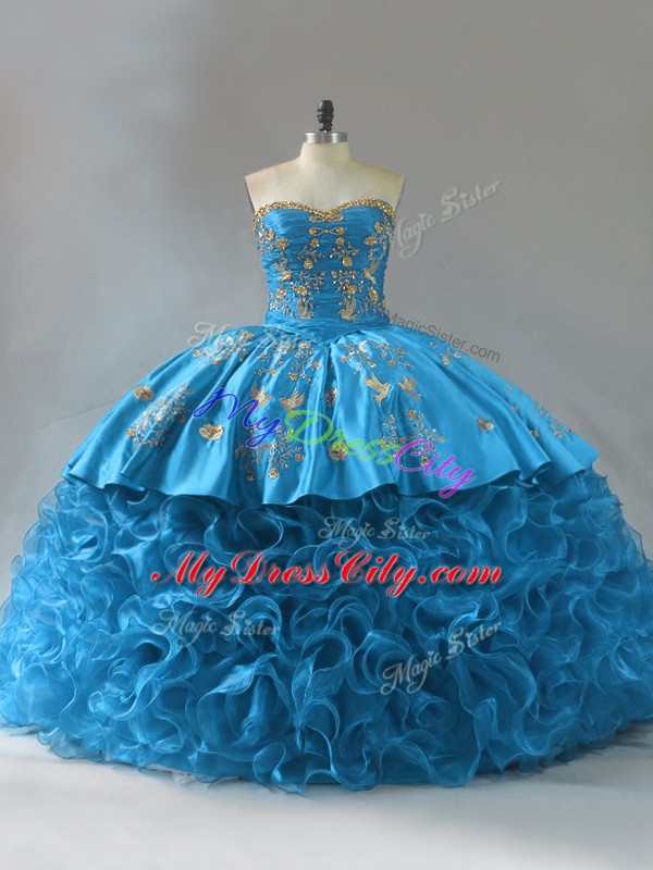 Simple Sweetheart Sleeveless Fabric With Rolling Flowers 15th Birthday Dress Embroidery and Ruffles Brush Train Lace Up