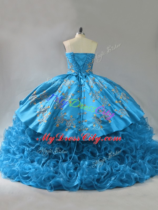 Simple Sweetheart Sleeveless Fabric With Rolling Flowers 15th Birthday Dress Embroidery and Ruffles Brush Train Lace Up