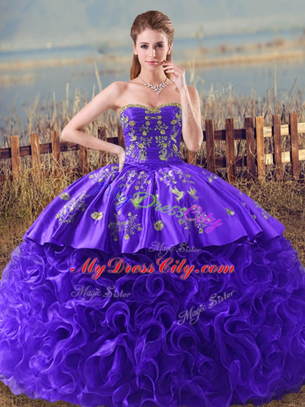 Great Purple Sweetheart Lace Up Embroidery and Ruffles Quince Ball Gowns Brush Train Sleeveless