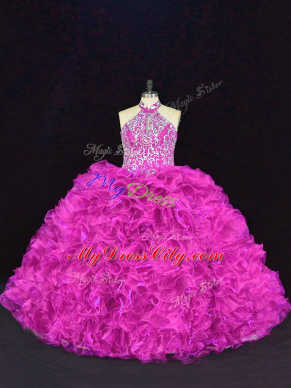 Floor Length Lace Up 15 Quinceanera Dress Fuchsia for Sweet 16 and Quinceanera with Beading and Ruffles