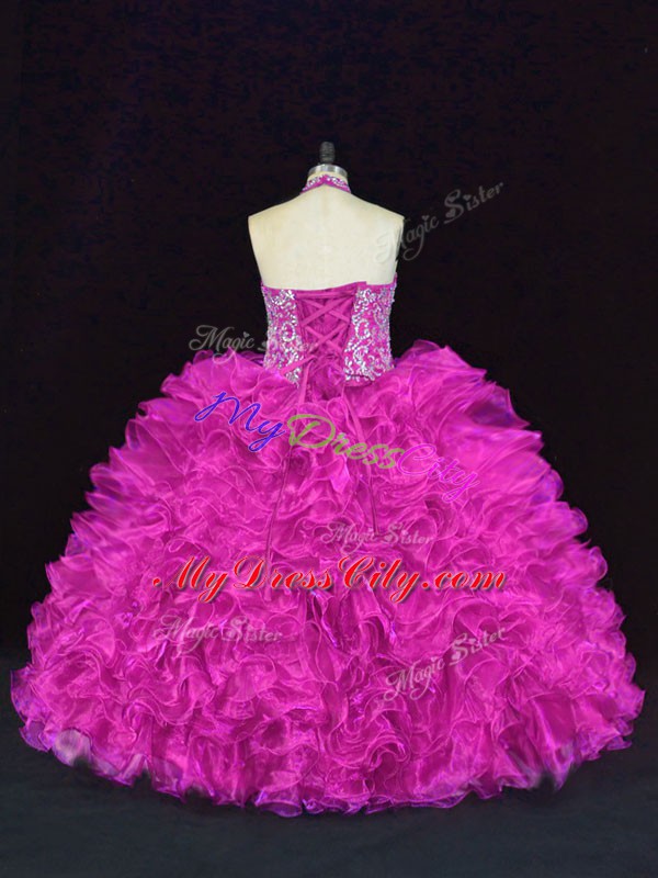 Floor Length Lace Up 15 Quinceanera Dress Fuchsia for Sweet 16 and Quinceanera with Beading and Ruffles